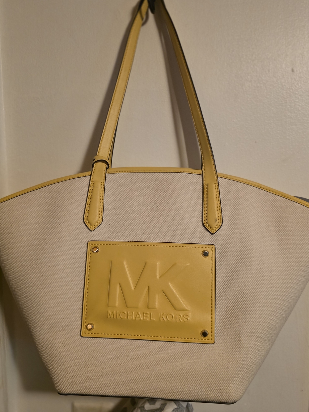 Michael Kors Cream Canvas Tote with Yellow Trim